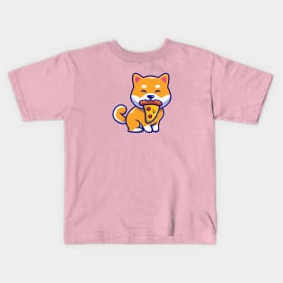 Cute Shiba Inu Dog Eating Pizza Cartoon Kids T-Shirt